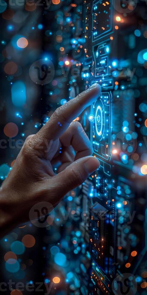 Hand points at circuit board with waterrelated keywords photo