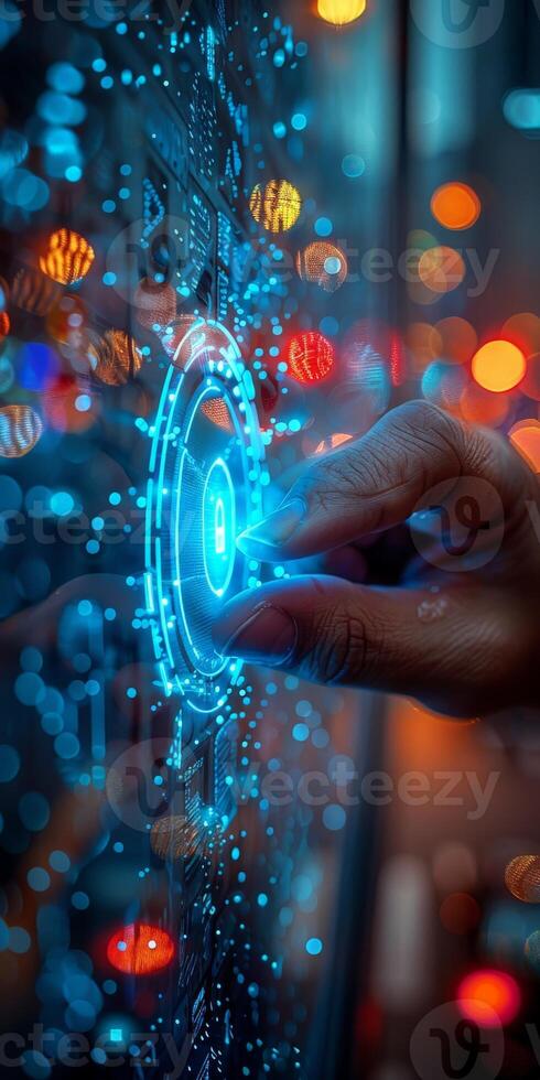 A person is using their finger to interact with a hightech screen photo