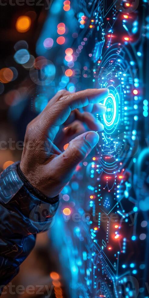 Futuristic Touchscreen Interface with LED lights and holographic user experience photo