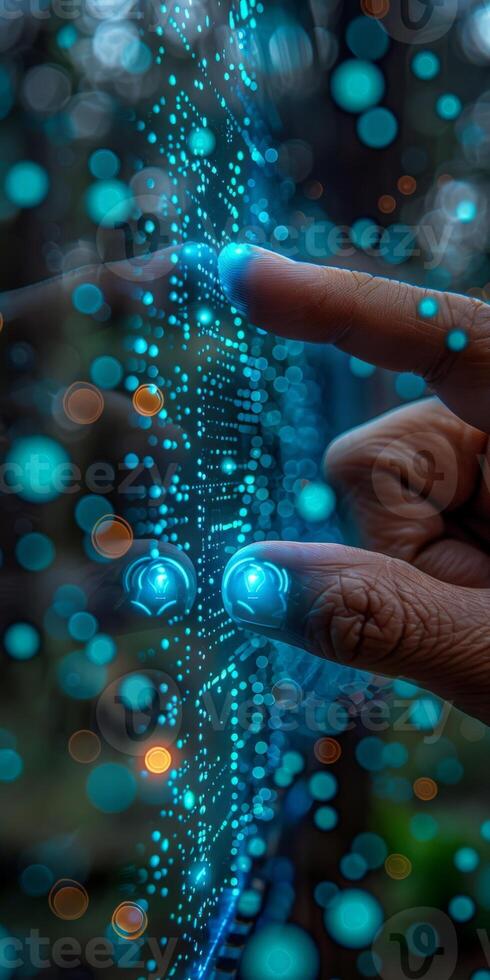 A person is interacting with a futuristic screen using their finger photo