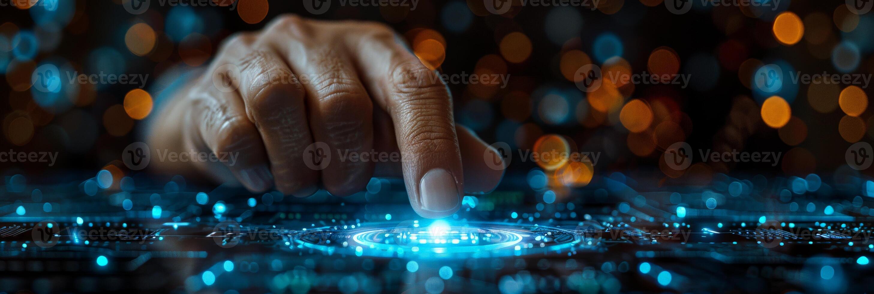 A persons hand pressing a button on a digital screen photo