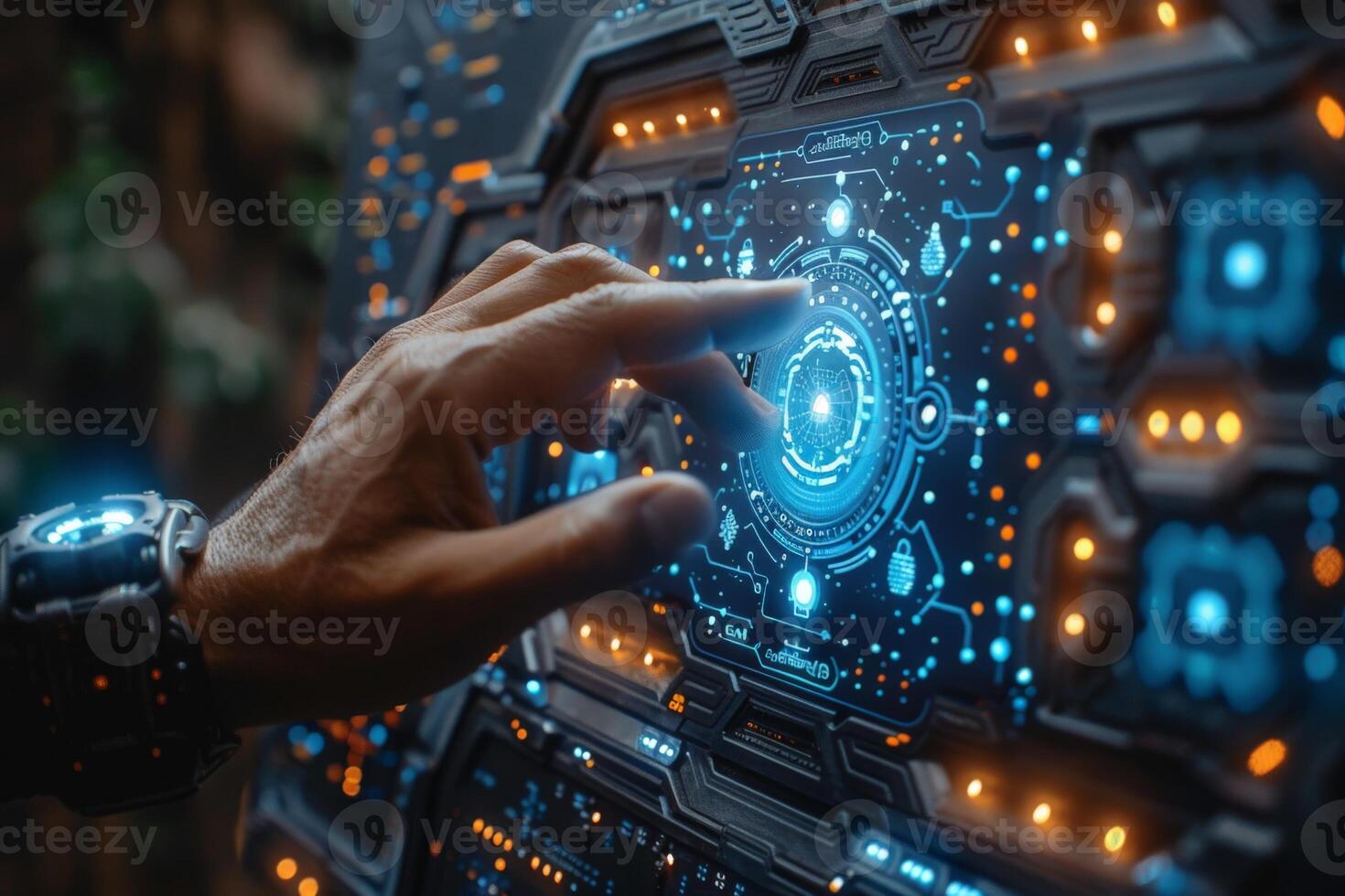 A person is interacting with a modern touchscreen using their finger photo