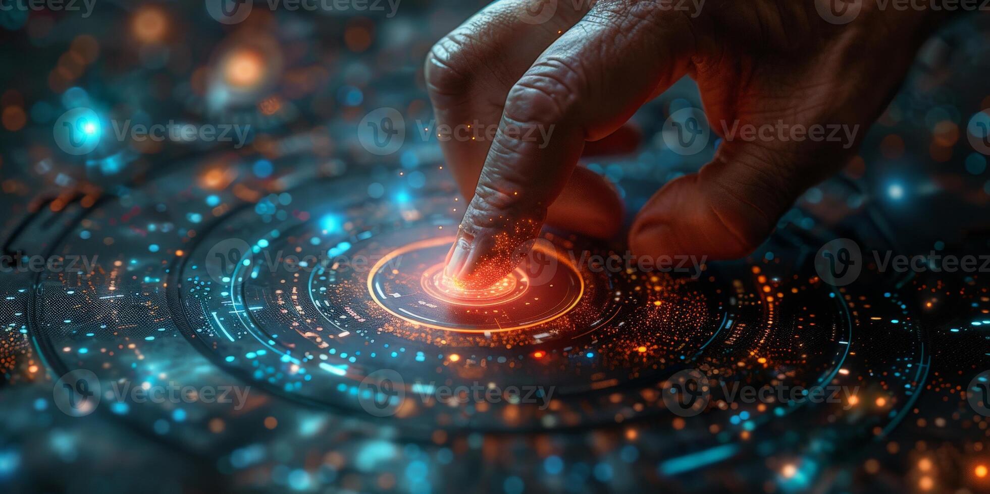 A hand presses a button on a hightech screen in a futuristic setting photo