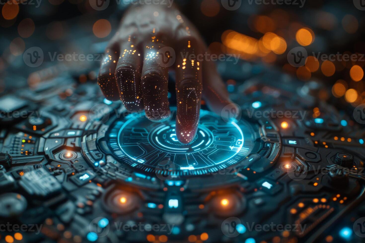 A hand is seen pressing a button on a hightech screen with a futuristic design photo