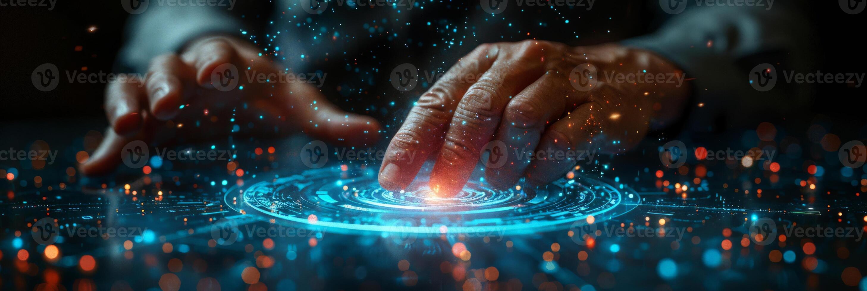 A person s hands touching a futuristic screen showing digital information photo