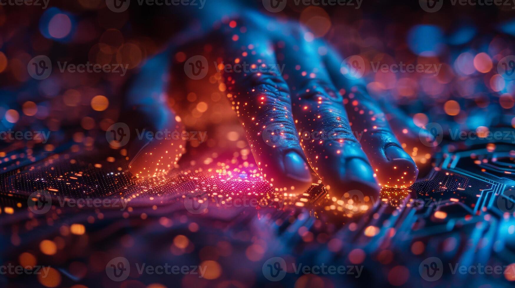 A detailed view of a hand touching a computer microchip photo