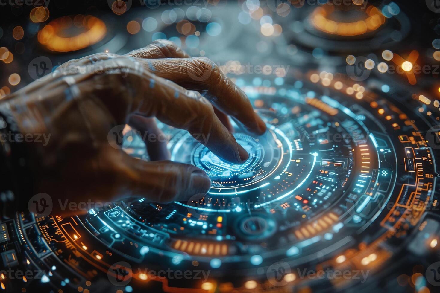 A hand is pressing a button on a futuristic screen in a city environment photo