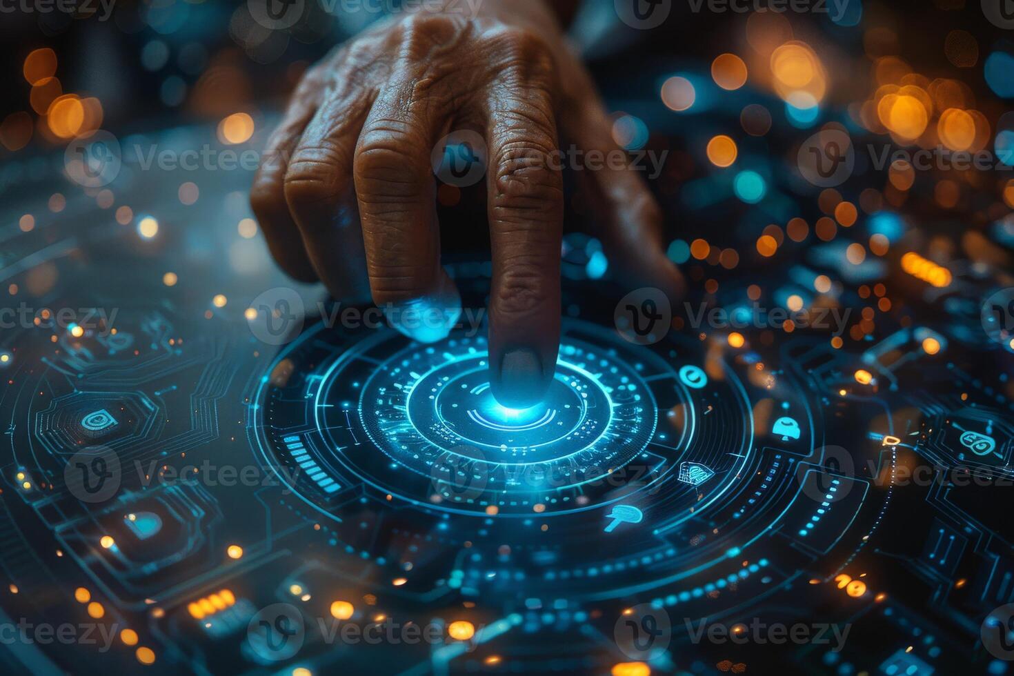 A hand is seen pressing a button on a screen with a futuristic design photo