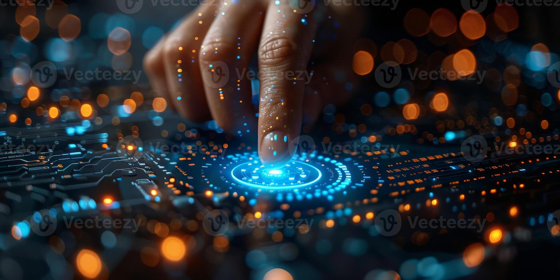 Close up of a hand pressing button on a circuit board photo