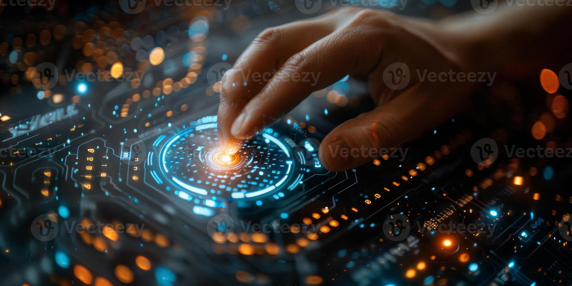 Close up of hand pressing button on futuristic screen photo