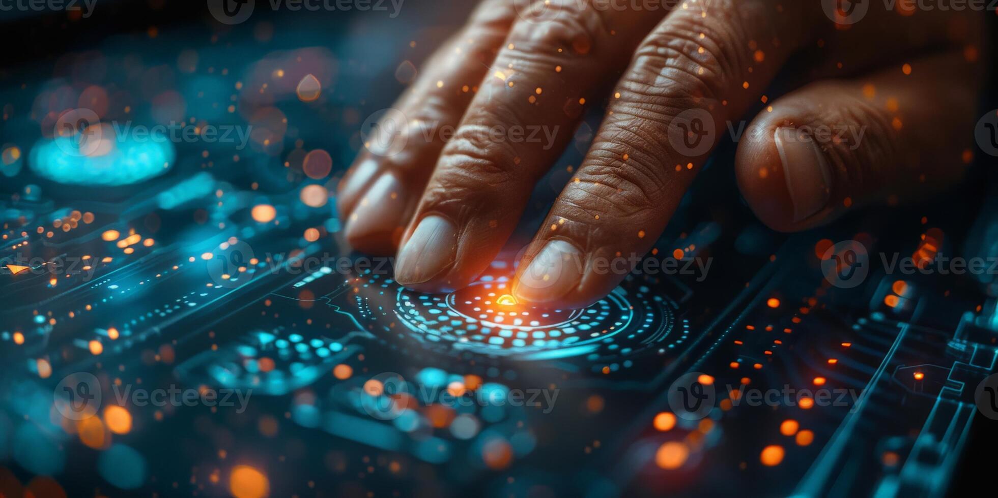 A person is interacting with a futuristic touchscreen using their finger photo