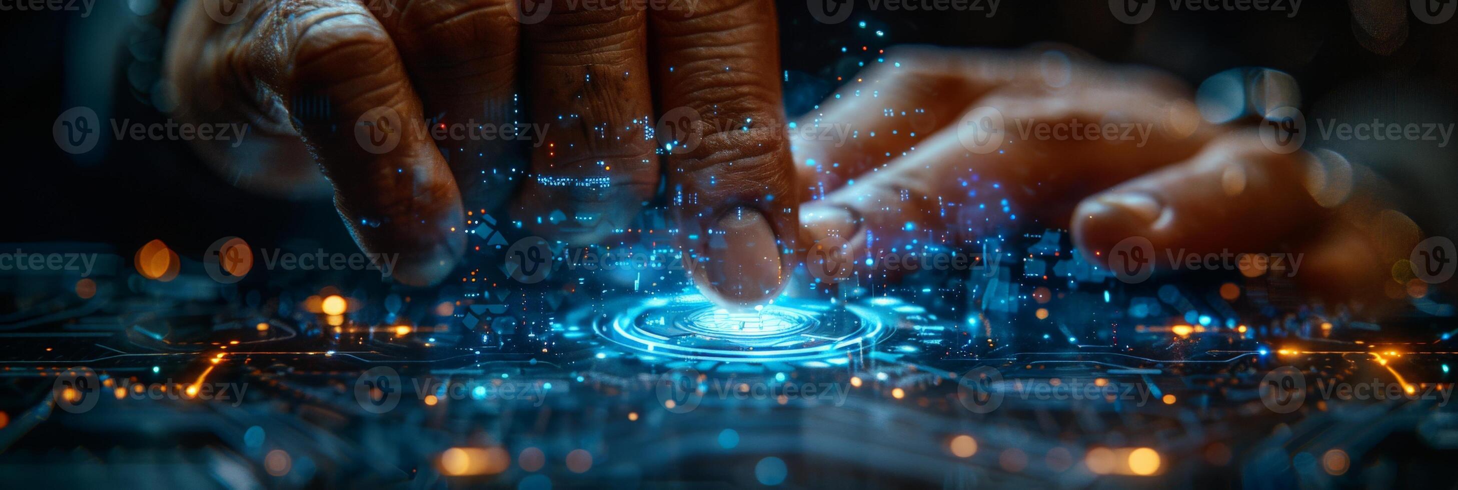 A person is interacting with a hightech display using their fingertip photo