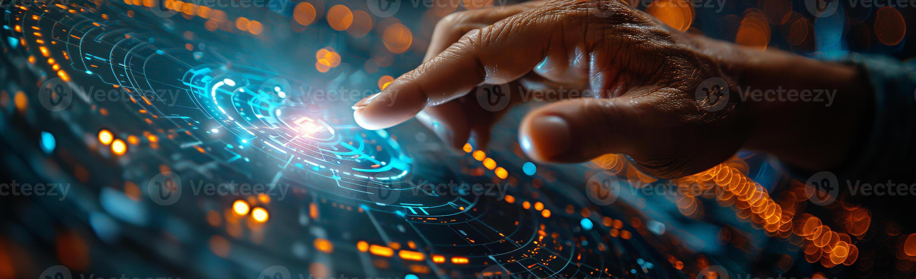 Person interacts with futuristic screen using finger in electric blue setting photo