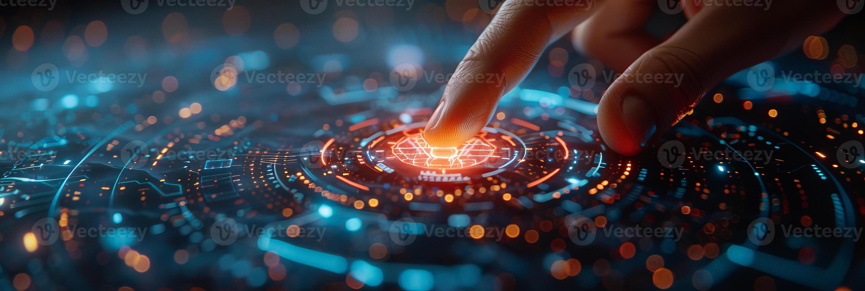 A person is interacting with a futuristic touch screen using their finger photo