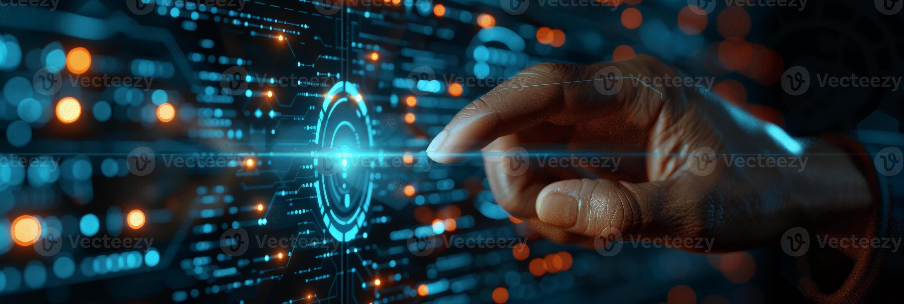 un individual es utilizando un mano gesto a interactuar con un alta tecnología monitor foto