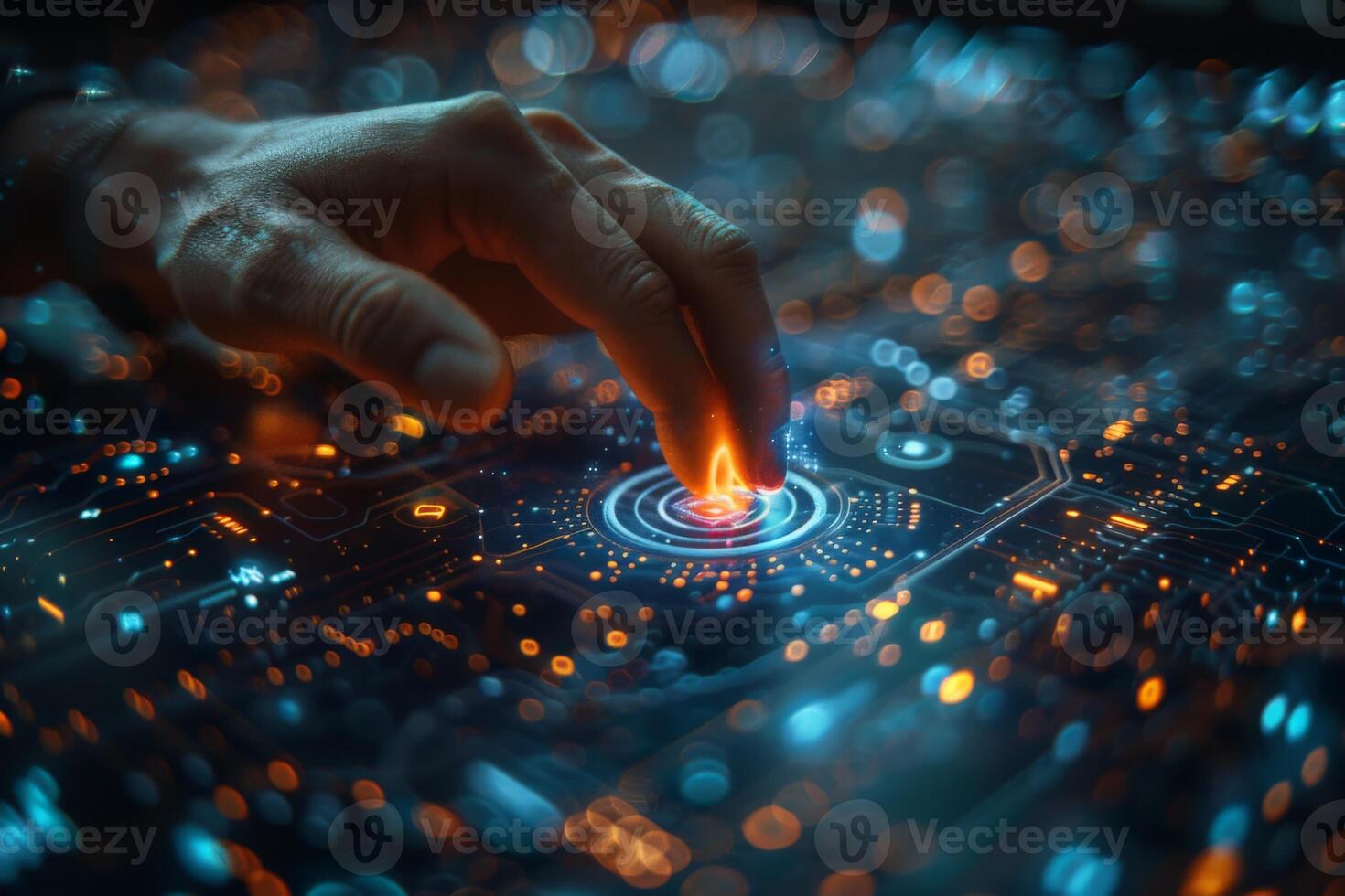 In the image, a hand is seen pressing a button on a sleek futuristic screen photo