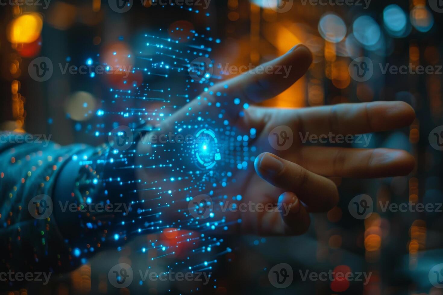 A closeup image shows a hand interacting with a futuristic digital screen photo