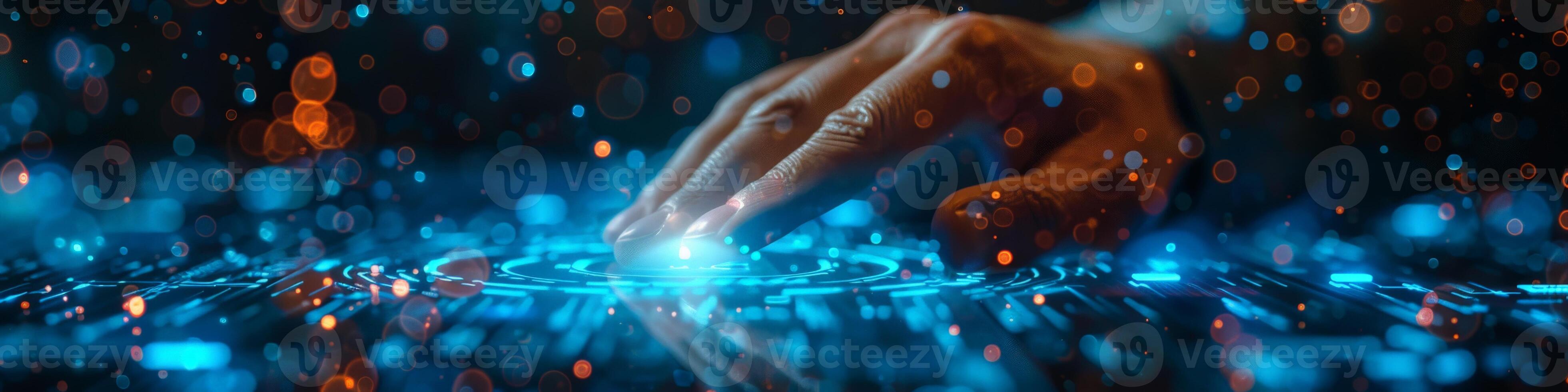 A human hand is pushing a button on a touchscreen display photo
