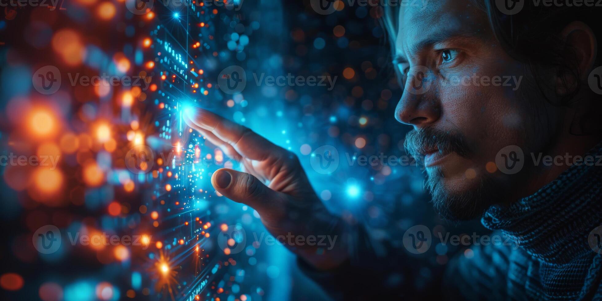 A man is using his finger to interact with a digital display photo