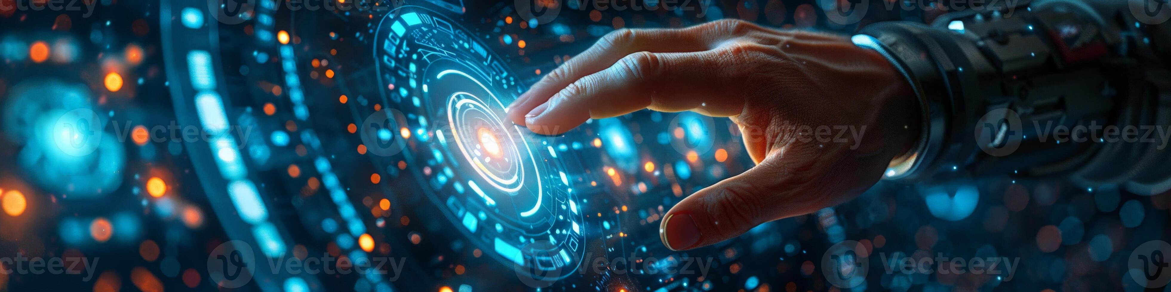 A hand is pushing a button displayed on a modern screen photo