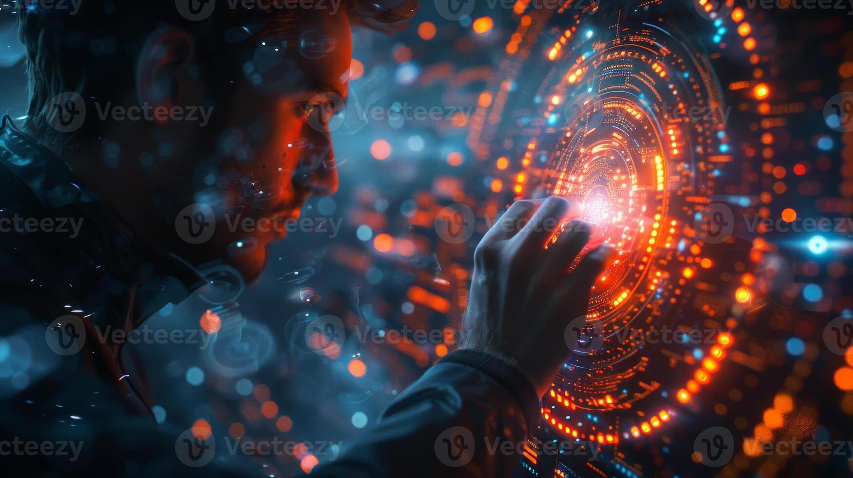 A man is interacting with a futuristic screen using his hand photo