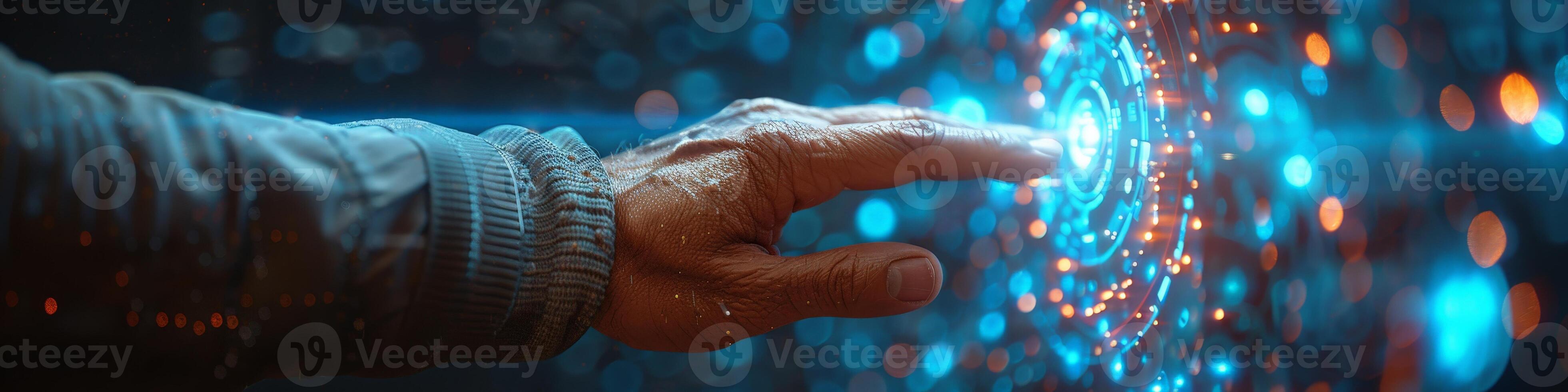 Person pressing button on futuristic screen with finger photo