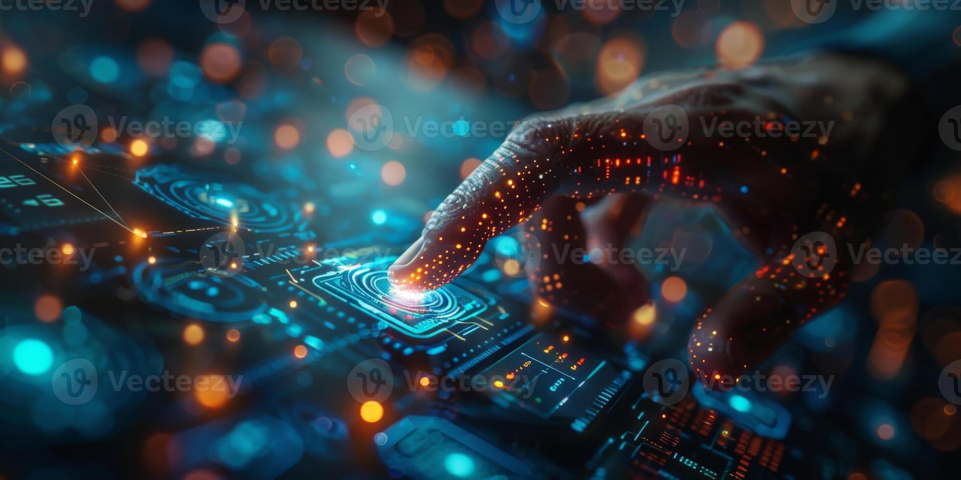 A hand is pushing a button on a futuristic touch screen photo