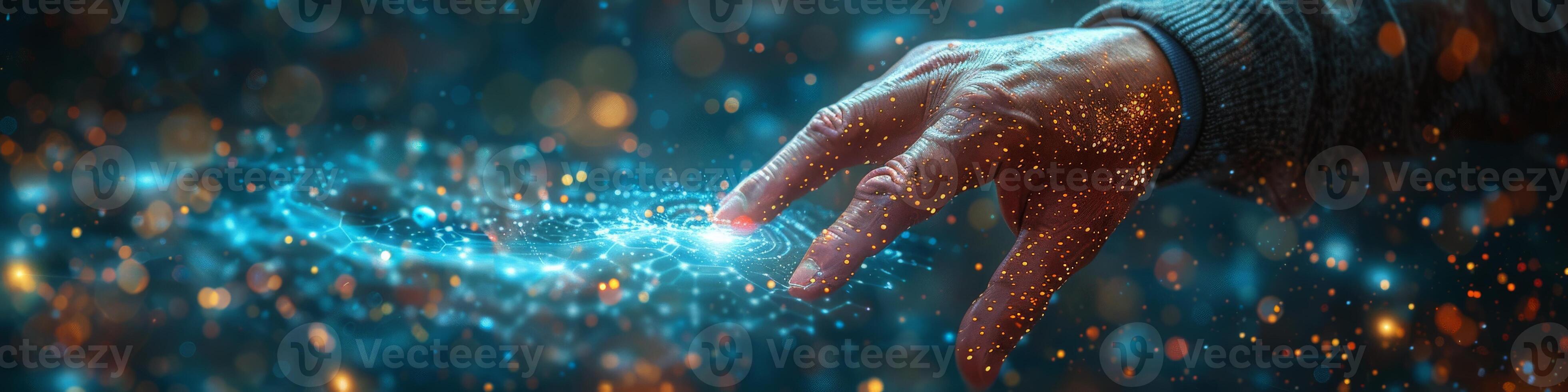 A detailed shot of a hand touching a display screen photo