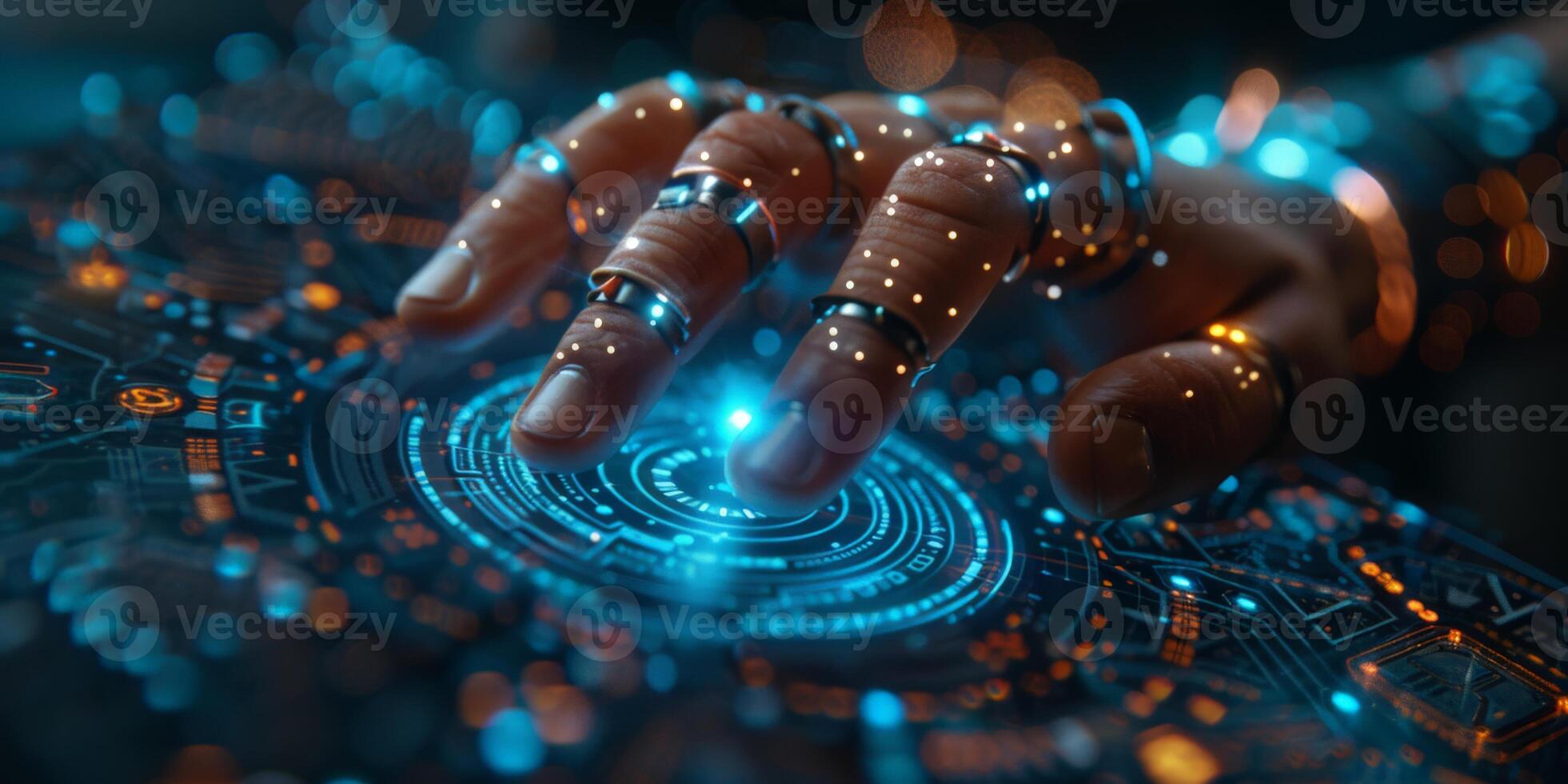 A futuristic screen displays a robotic hand pressing a button photo