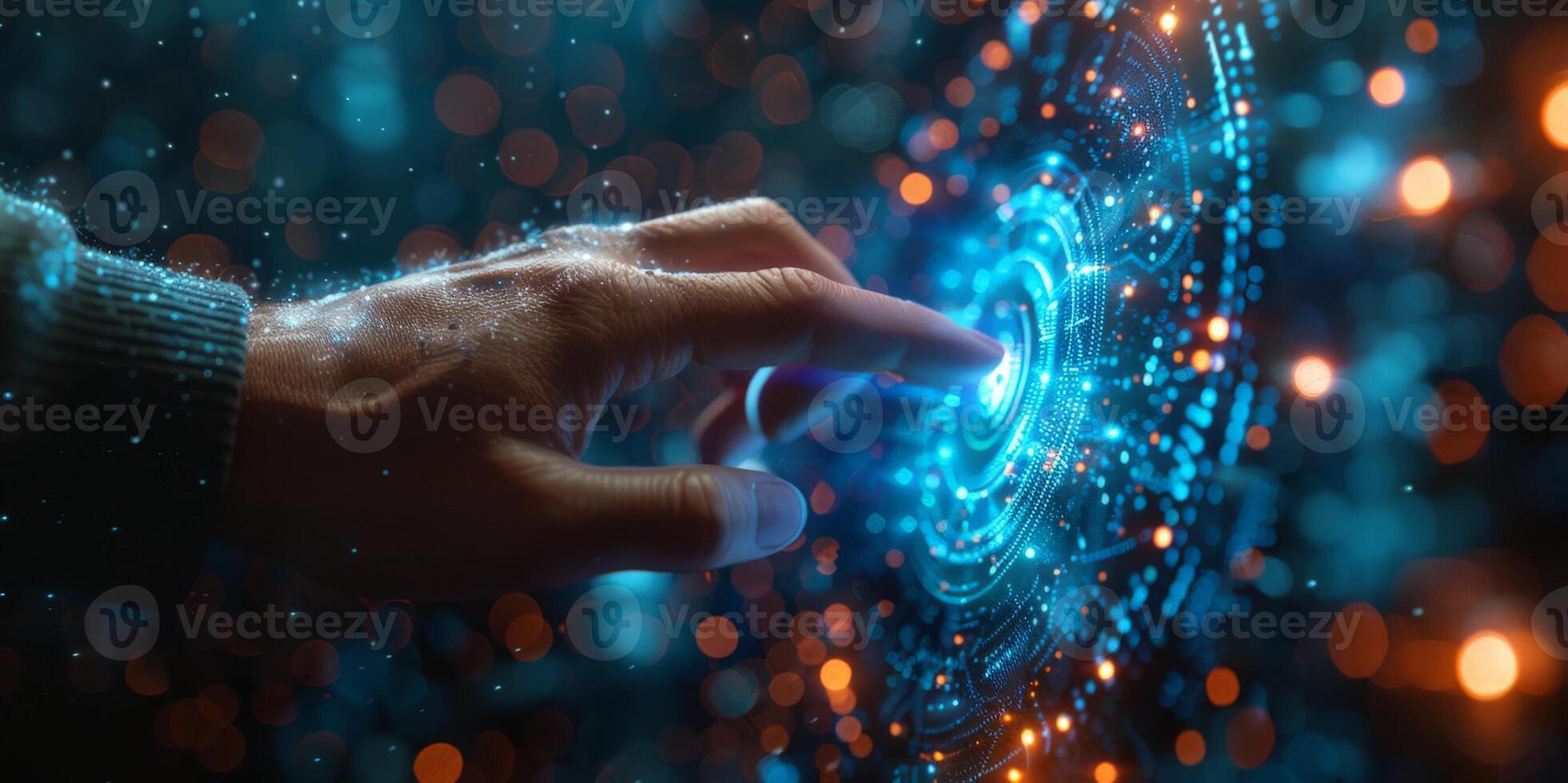 A futuristic screen shows a hand pushing a button photo