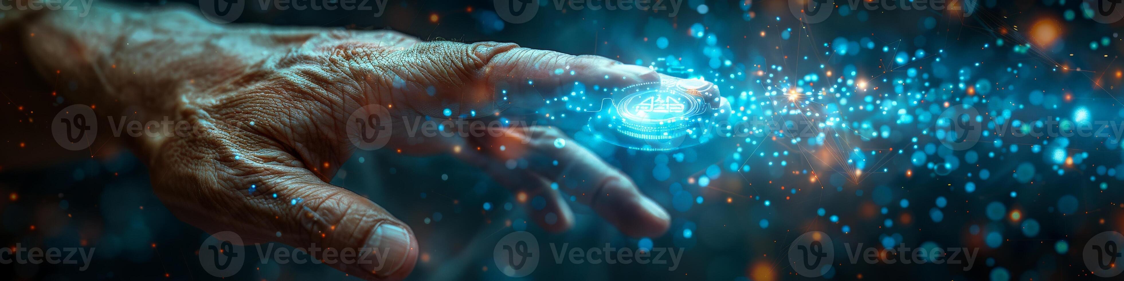 The image shows an elderly individuals hand pushing a button on a screen photo