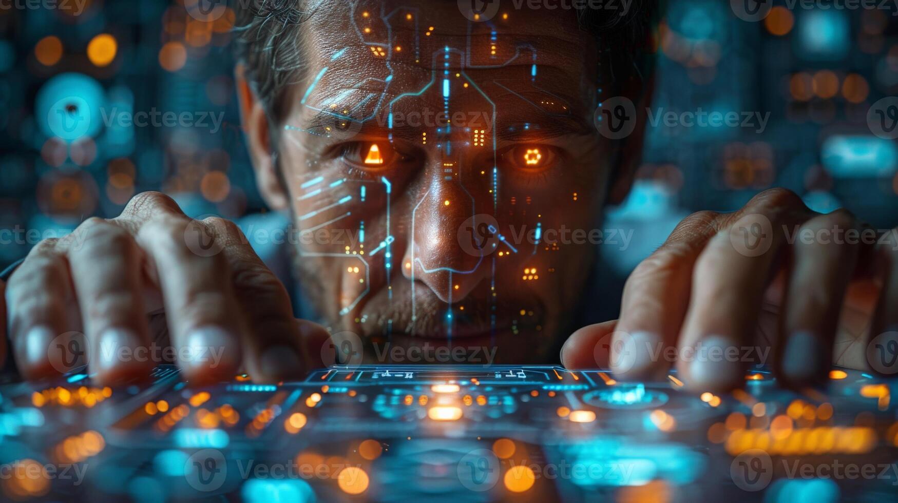 A man typing on a computer with futuristic face projection photo