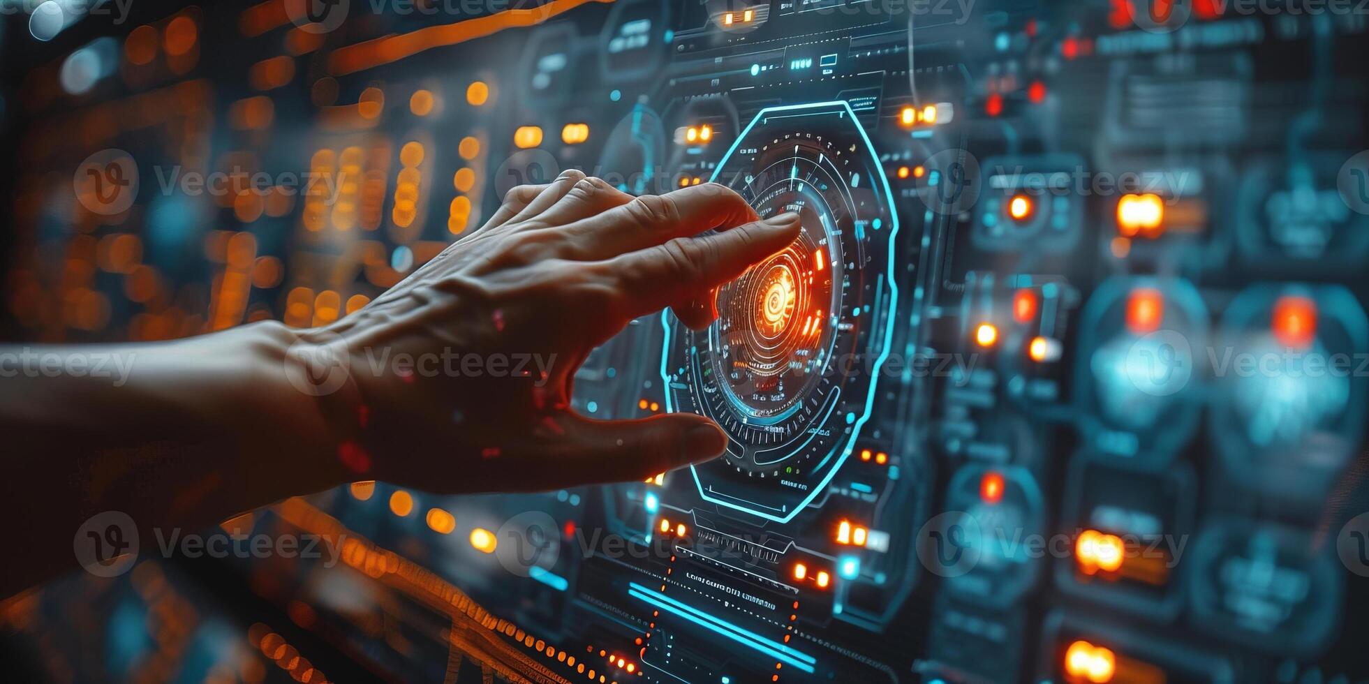 A hand is pressing a button on a hightech screen in a futuristic setting photo