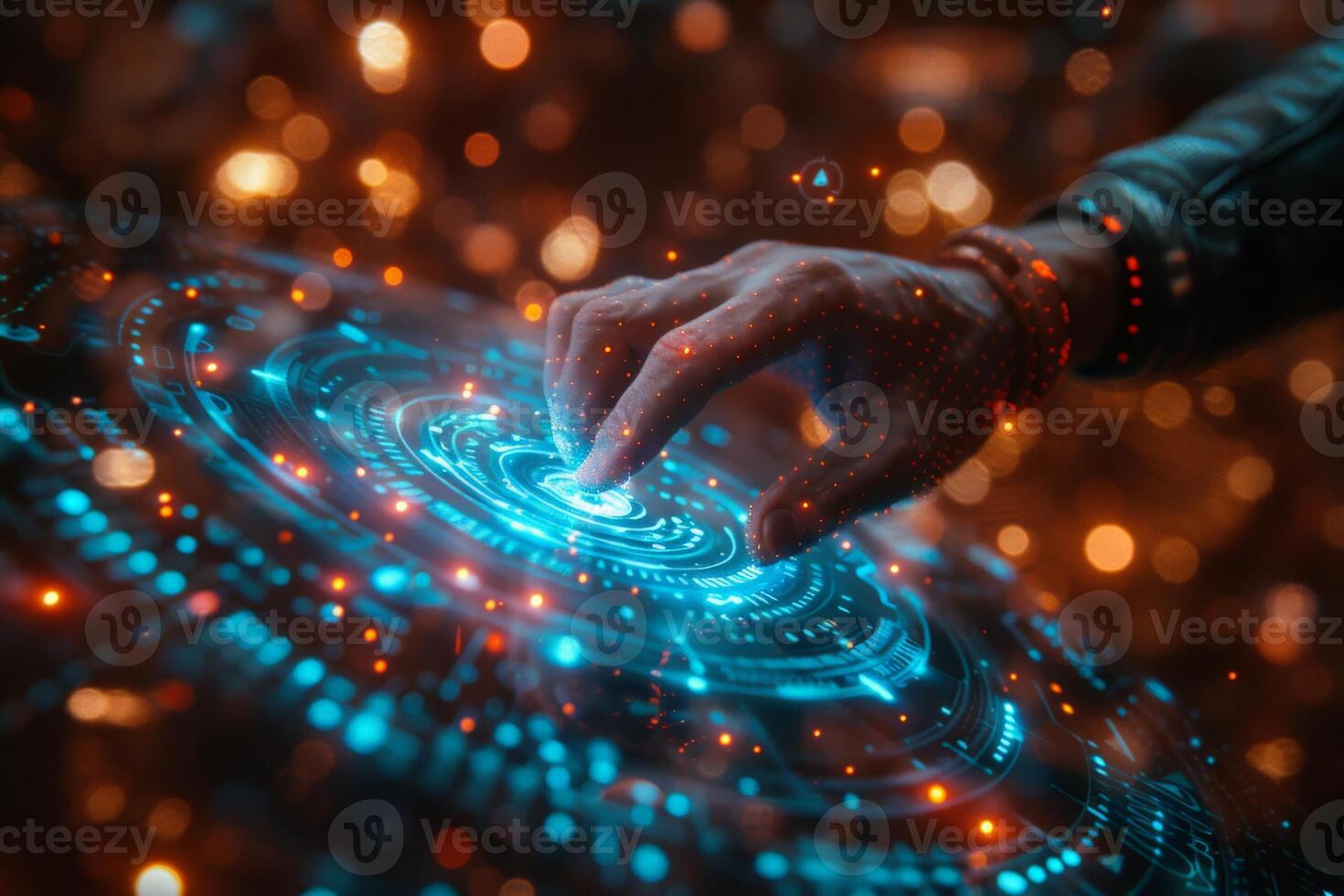 A hand presses a button on a futuristic screen with various keywords around it photo