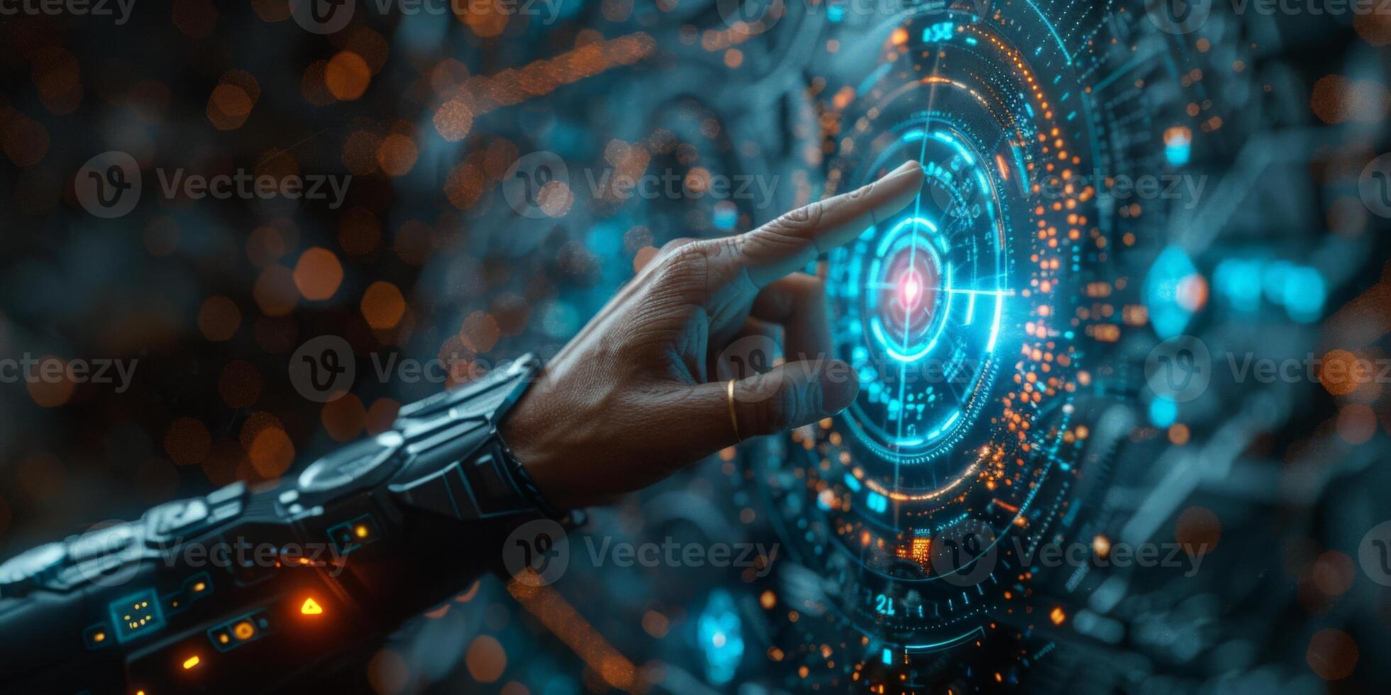 A person s hand is directed towards a futuristic screen in a dark environment photo
