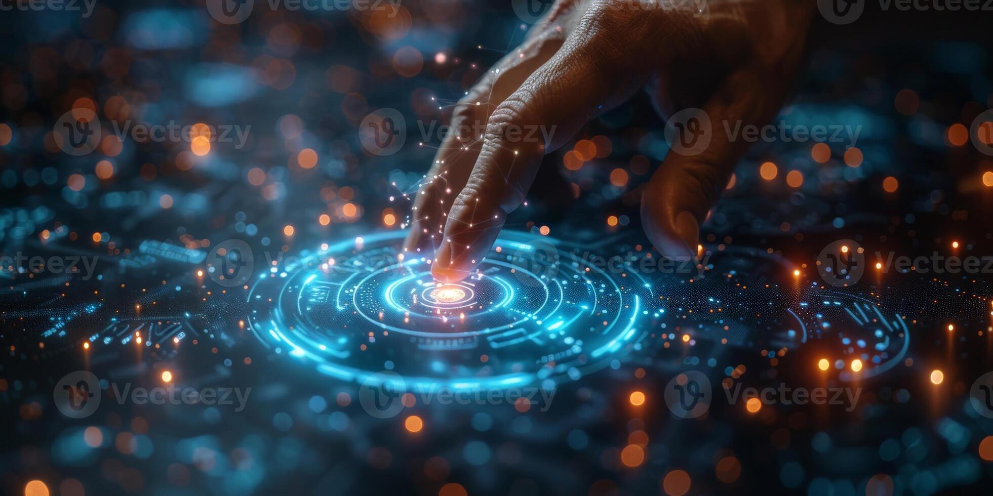 Hand pressing button on futuristic screen with tech and entertainment photo
