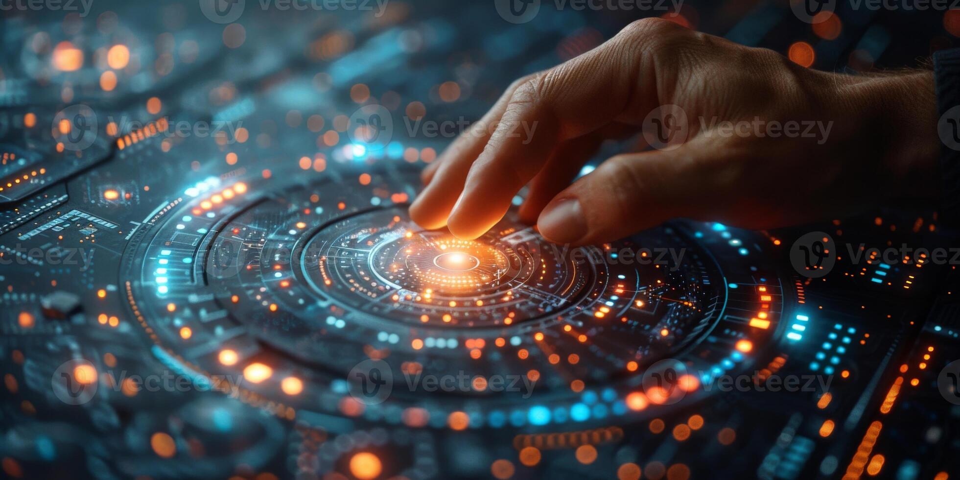 A hand presses a button on a futuristic screen with water and liquid keywords photo