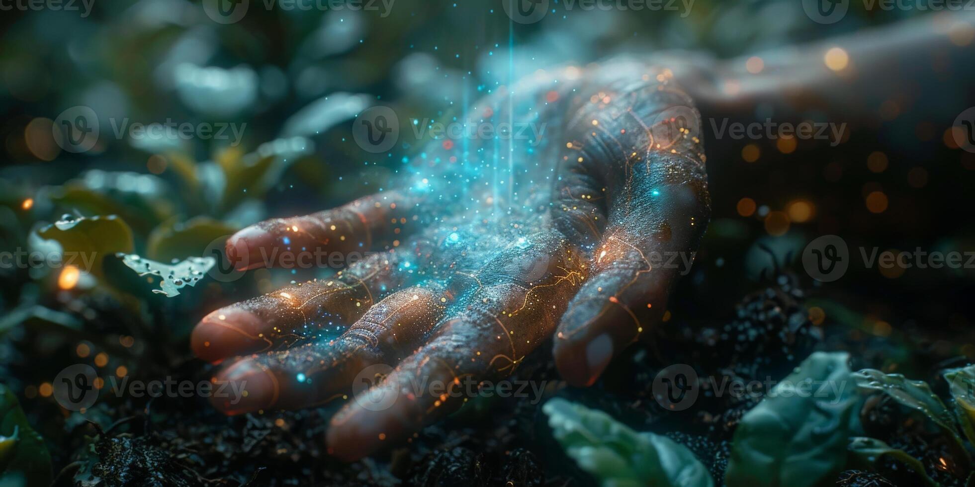 The image shows a hand illuminated with bright lights, creating a closeup view photo