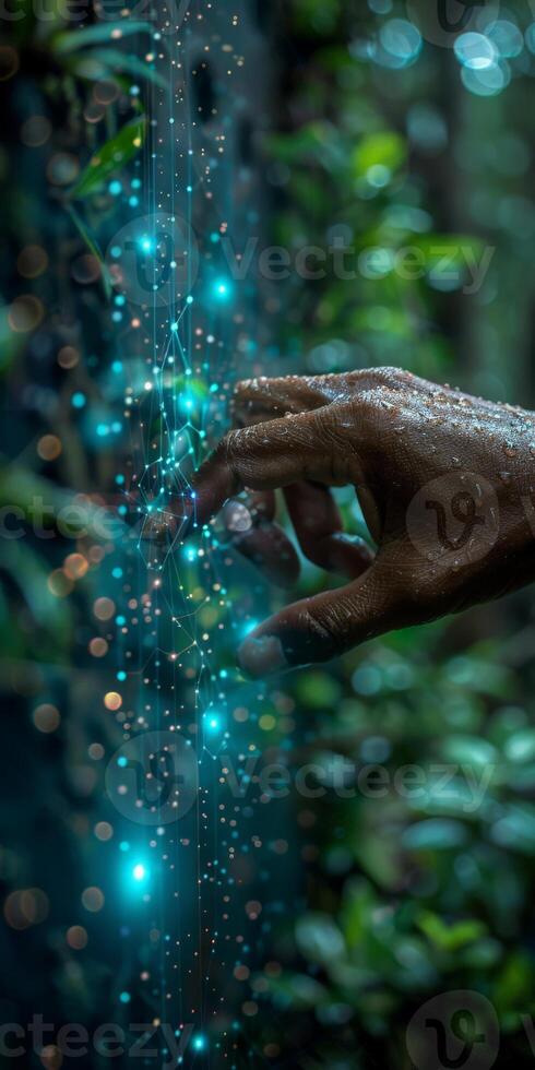 A persons hand touching a glowing object in the woods photo
