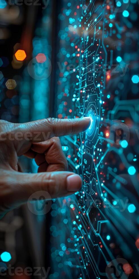 A person pressing a button on a computer screen with their finger photo