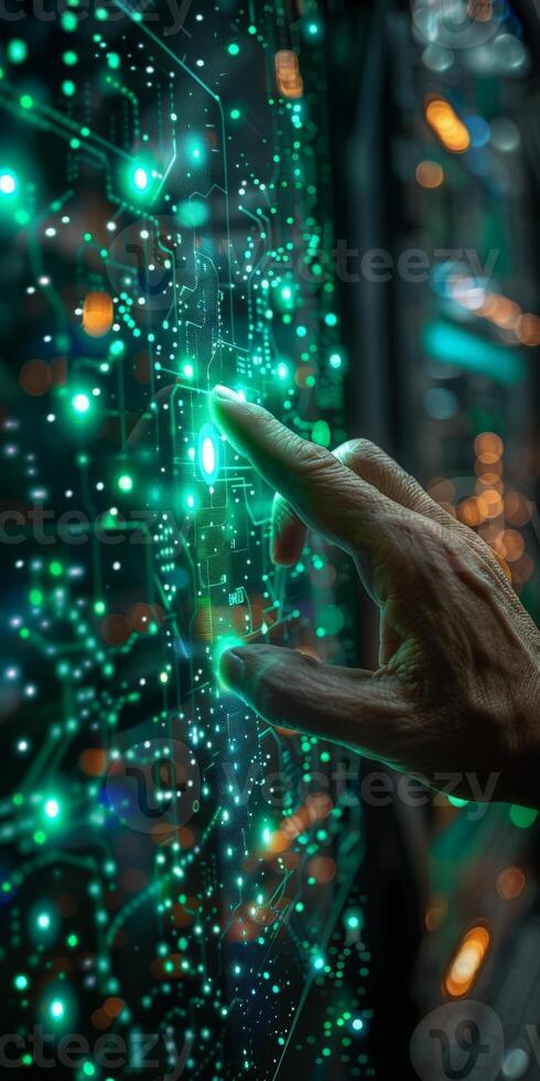 A hand is pressing a button on a screen with futuristic interface photo