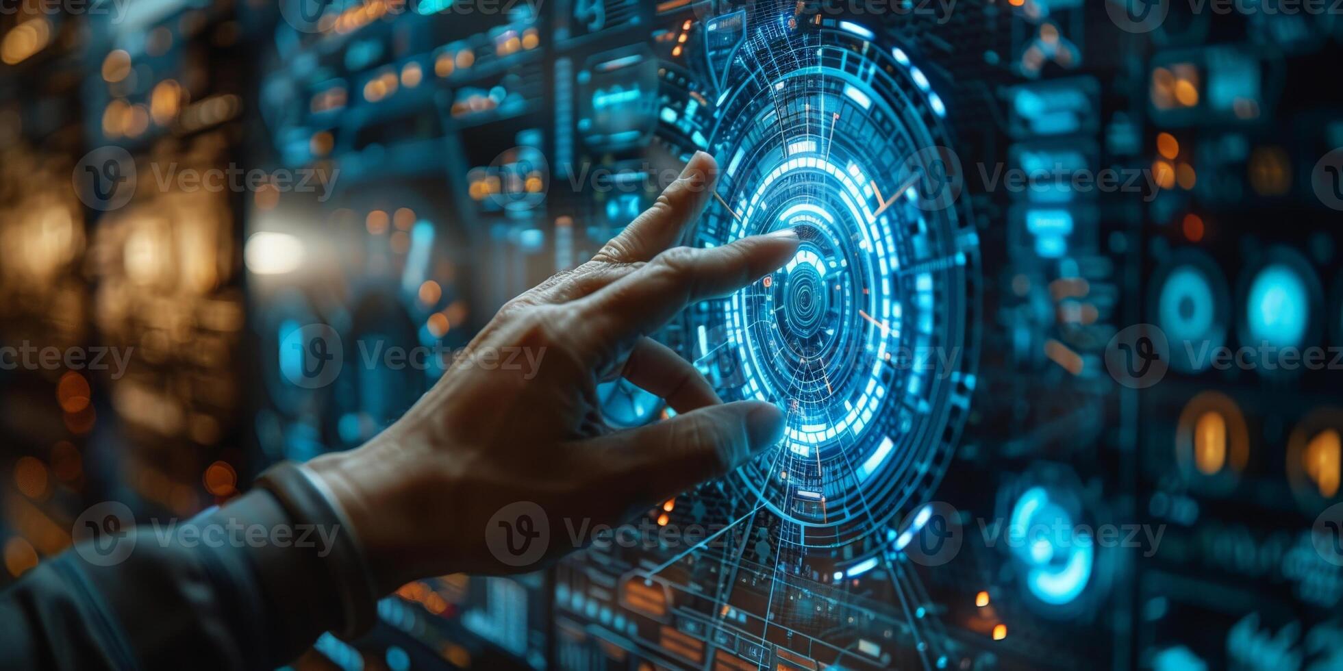 A person is interacting with a futuristic screen using their finger photo