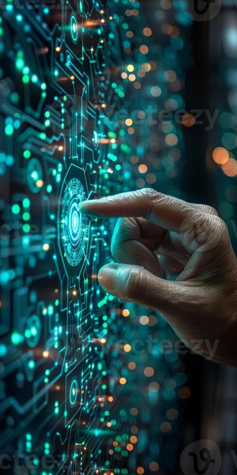Someones hand is pushing a button displayed on the computer monitor photo