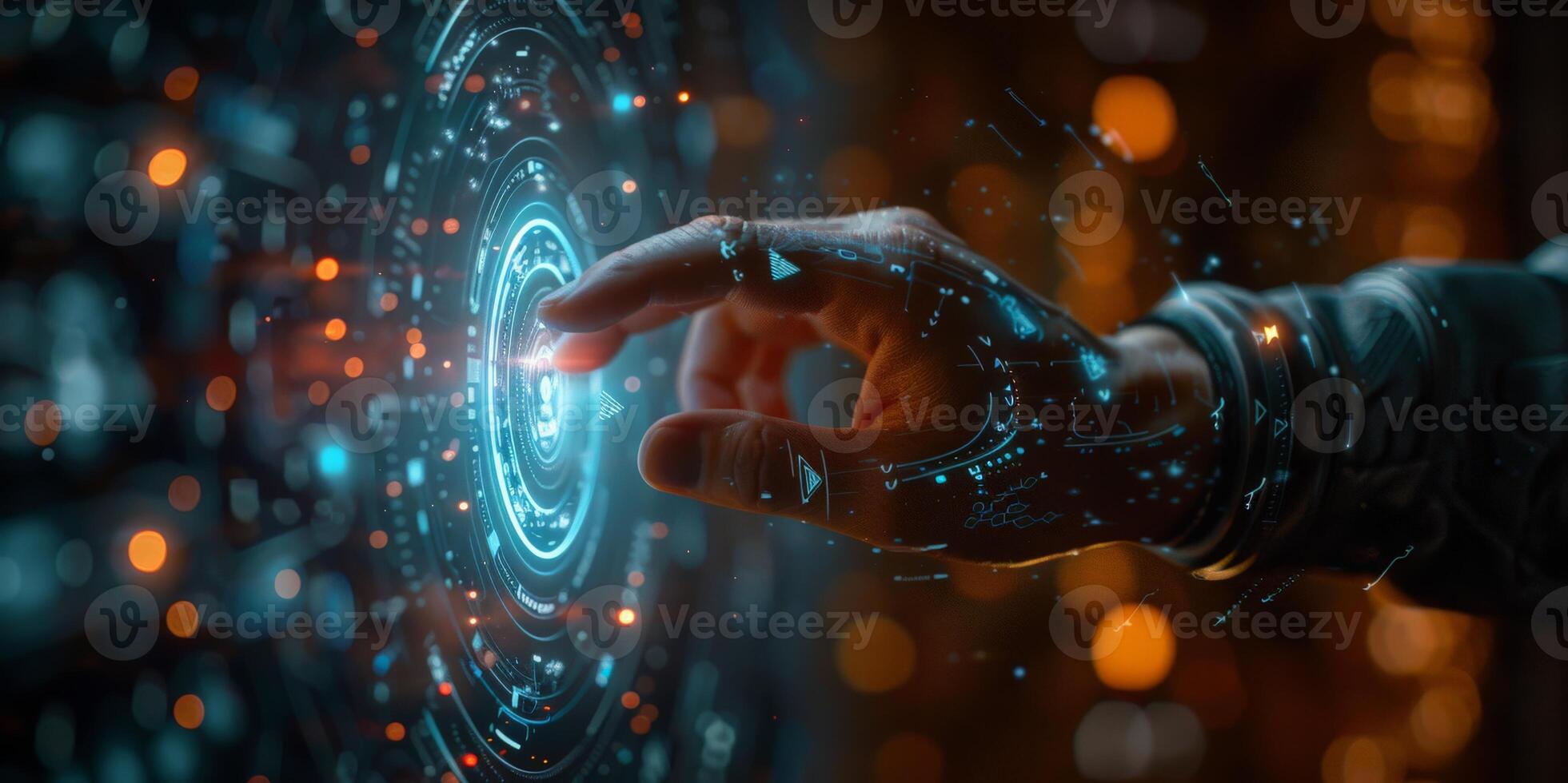 Hand presses button on futuristic screen, opening doorway to mysterious realm photo