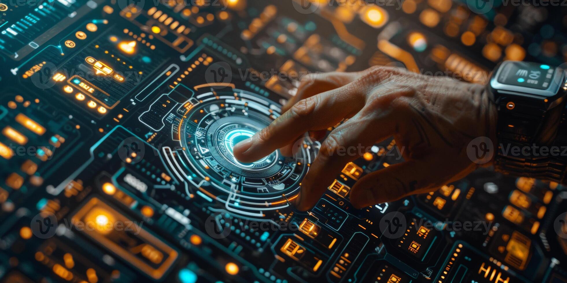 A hand presses a button on a futuristic screen with techrelated keywords photo