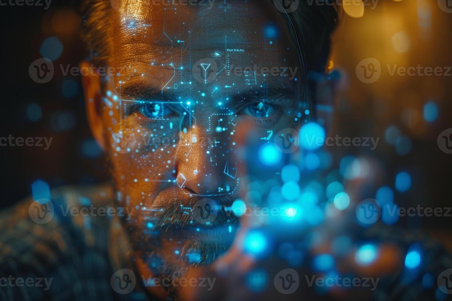 A man is studying a computerized view of his own reflection in a mirror photo