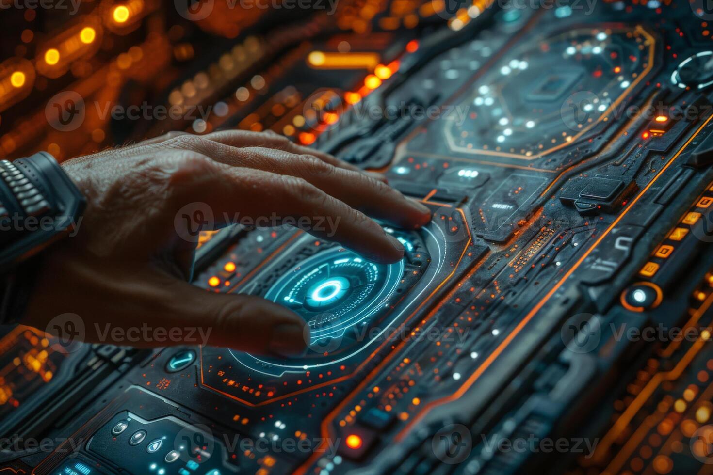 A person pressing a button on a futuristic control panel photo