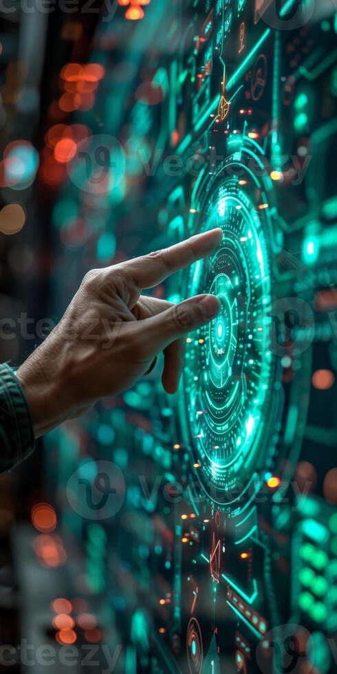 A person is using their finger to interact with a futuristic screen photo