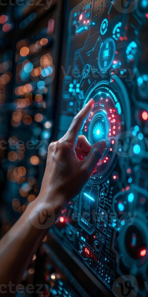 On a futuristic screen, a womans hand is pressing a button photo