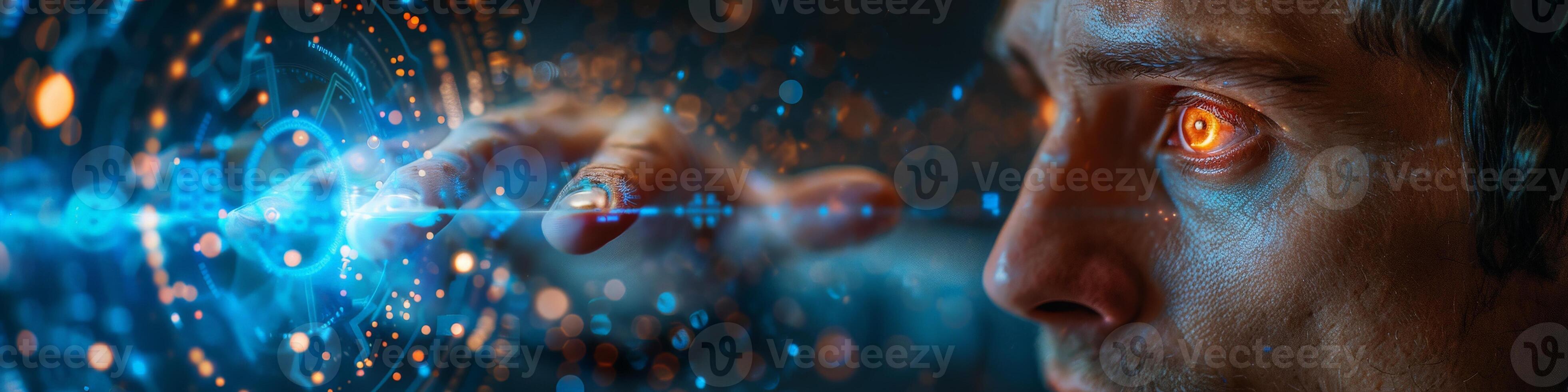 A closeup view of a mans eye fixated on an object in the dark photo